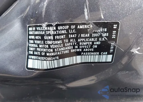 2015 Volkswagen Passat 2.0L Tdi Se из США, поврежденный, VIN 1VWBV7A3XFC092475